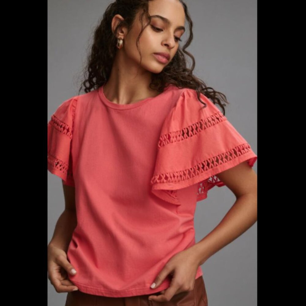 Brand New Self Contrast Flutter-Sleeve Cutwork Top